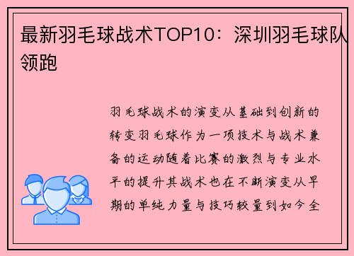 最新羽毛球战术TOP10：深圳羽毛球队领跑