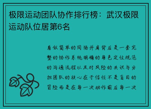 极限运动团队协作排行榜：武汉极限运动队位居第6名