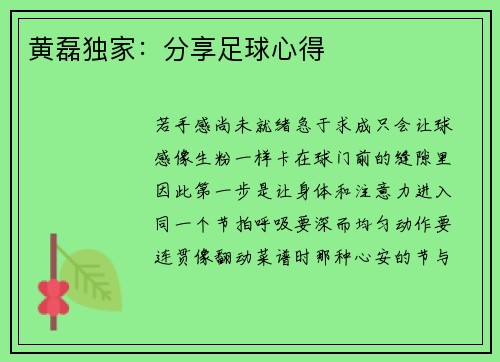 黄磊独家：分享足球心得