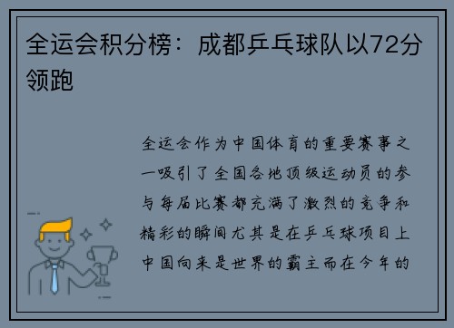 全运会积分榜：成都乒乓球队以72分领跑